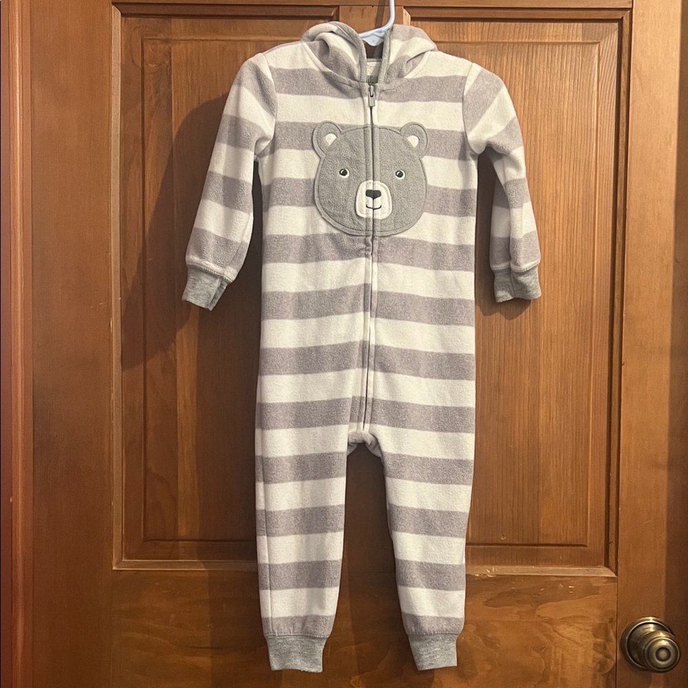 Gray and White Striped Fleece Bear Romper 18M